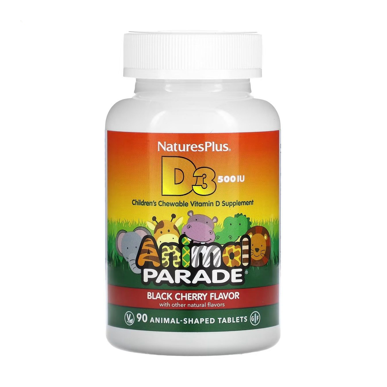 Вітамін D3 NaturesPlus Animal Parade Vitamin D3 без цукру, зі смаком чорної вишні, 90 жувальних таблеток